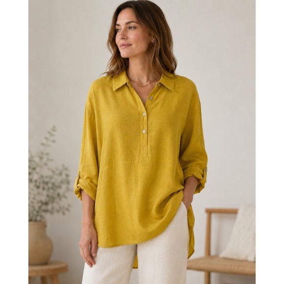 Tahari Tops - Tahari Mustard Yellow Linen Blend Roll Tab Sleeve Tunic Popover Blouse Womens XL